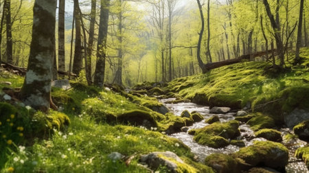 Generative AI : Beautiful fresh green mountain forest in spring timeの素材