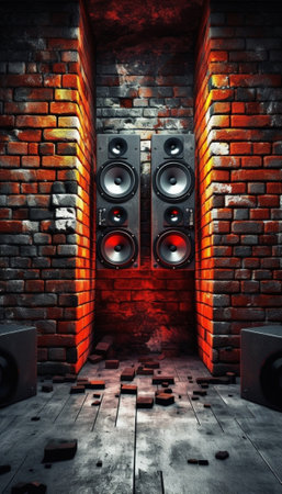 Generative AI : musical background speaker on brick wallの素材