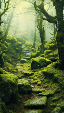Generative AI : A dense mistic green forest with mossy stones and pathの素材