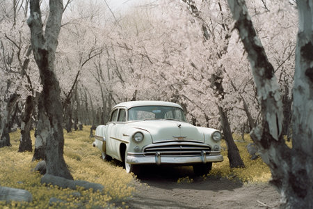 Generative AI : The car in spring woodの素材