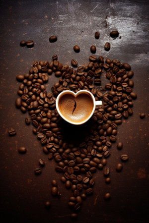 Generative AI : Set from four images with coffee cups beans and heartの素材