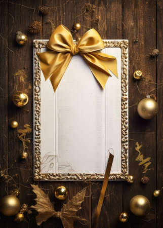 Generative AI : christmas vintage background greeting card with two bells bow balls and branchの素材