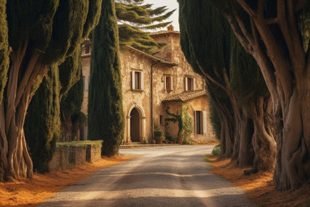 Generative AI : Villa in Tuscany with cypress road idyllic seasonal nature landscape vintage hipster backgroundの素材