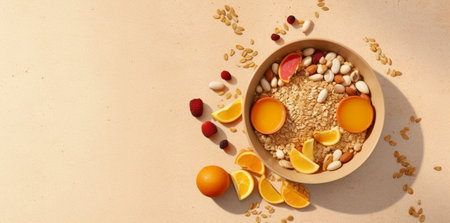 Generative AI : Healthy breakfast fruit juice and oat grains in glass bowlの素材