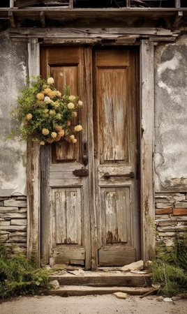 Generative AI : aged wooden door in front of vintage buildingの素材