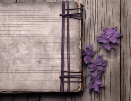 Generative AI : Vintage photo album without photos on old wooden textureの素材