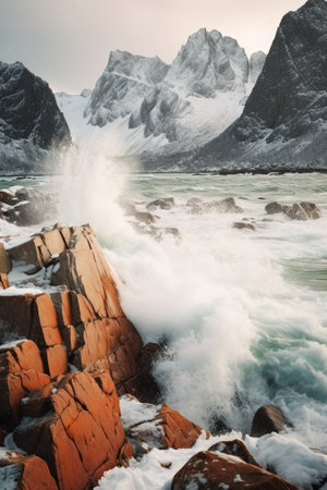 Generative AI : Scenic view of beautiful winter sea scandinavian landscape with blue sky mountains and snow on the red dry grass at Lofoten Islands in Northern Norwayの素材