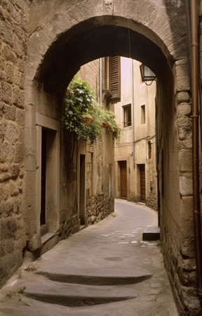 Generative AI : Narrow street of medieval tuff city Sorano with arch green plants and cobblestone travel Italy backgroundの素材