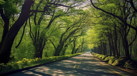 Generative AI : Tunnel from the oak trees over a road in the Italy natural seasonal european spring backgroundの素材