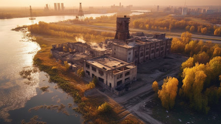 Generative AI : Aerial view on river Dnepr with cloudy sky and house district in green Obolon area of Kyiv city Flying drone camera shotの素材