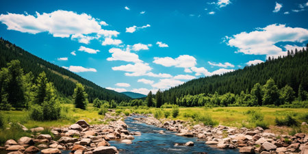 Generative AI : Carpathian mountain summer landscape with river sky and cloudsの素材