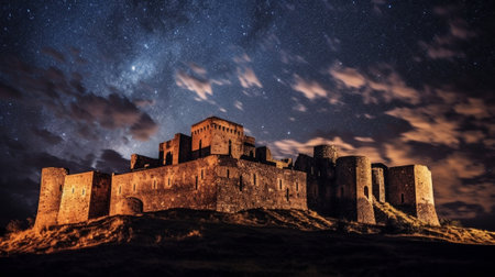 Generative AI : Ruins of Nevitsky Castle near Uzhgorod Ukraine with a lot of shiny stars on the dark blue skyの素材
