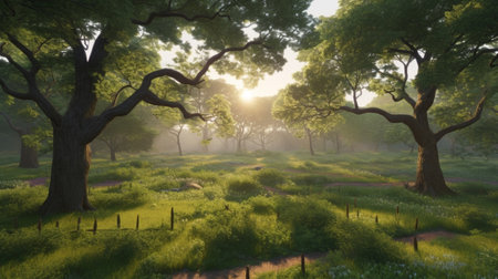 Generative AI : Sunrise in the oak forestの素材
