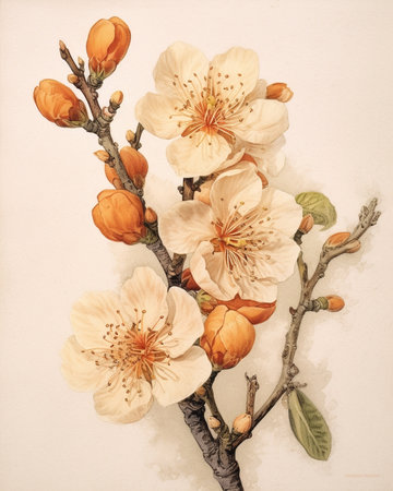 Generative AI : Apricot tree flower with buds blooming at sptingtime vintage retro floral backgroundの素材