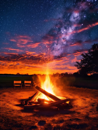 Generative AI : Camping fire under the amazing blue starry sky with a lot of shining stars and clouds Travel recreational outdoor activity conceptの素材