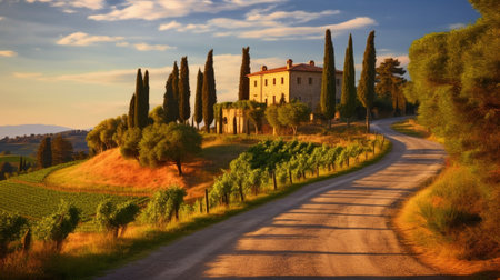 Generative AI : Villa in Tuscany with cypress road idyllic seasonal nature sunny landscape vintage backgroundの素材
