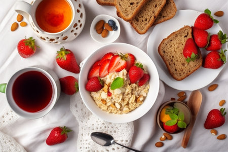 Generative AI : Healthy breakfast fresh fruit juice and diet breadの素材