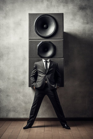 Generative AI : musical background speaker on brick wallの素材