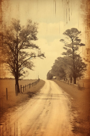 Generative AI : country road in the fields old grungy illustrationの素材