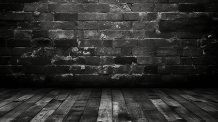 Generative AI : interior background old painted grunge wall texture and wooden floor in black and whiteの素材