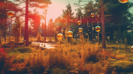 Generative AI : sunset in the forest retro film filtered instagram style unfocusedの素材