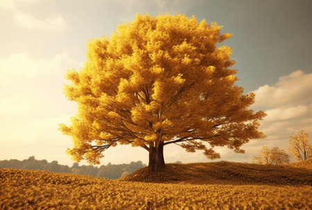 Generative AI : Autumn big tree with yellow leaves and sun shining natural seasonal fall backgroundの素材