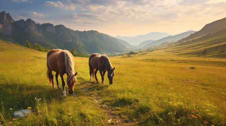 Generative AI : Bay horse with foal playing in the mountains at sunset amazing hipster natural backgroundの素材