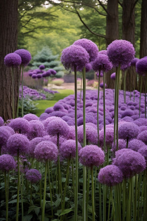 Generative AI : Beautiful violet flowers of allium aflatunense fieldの素材