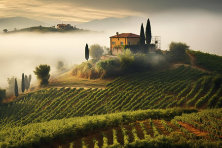 Generative AI : Beautiful foggy sunrise in Tuscany Italy with vineyard and trees Natural misty backgroundの素材
