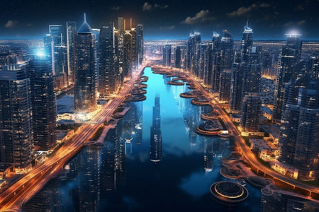 Generative AI : Dubai embankment at night travel architecture concept UAEの素材