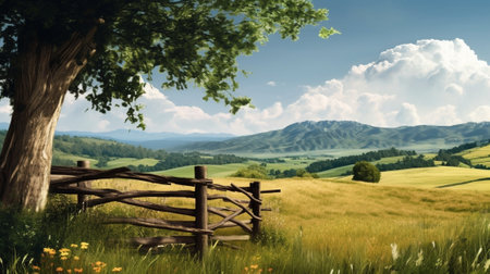 Generative AI : Carpathian mountains summer landscape with green hills and wooden fence vintage hipster amazing backgroundの素材