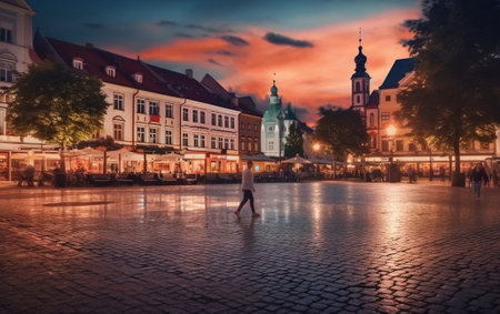 Generative AI : Market hall at main Cracow square at night with purple skyの素材