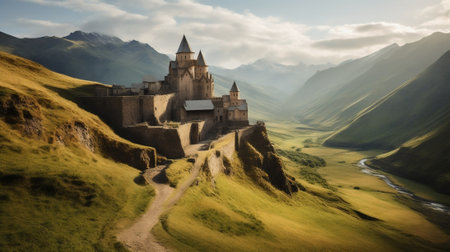Generative AI : Green caucasus mountains landscape in Georgia with monasteryの素材