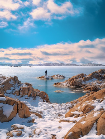 Generative AI : Scenic view of beautiful winter sea scandinavian landscape with blue sky mountains and snow on the red dry grass at Lofoten Islands in Northern Norway Black and whiの素材