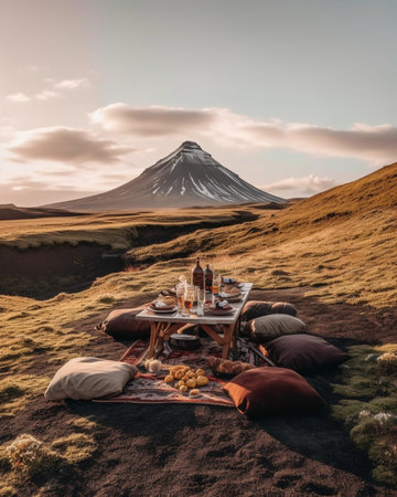Generative AI : Wooden Picnic table in Iceland on the green meadow Travel outdoor summer backgroundの素材