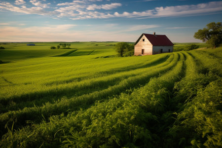Generative AI : Rural landscape with green field blue sky and wooden hunting shack South Moravia Czech Republicの素材