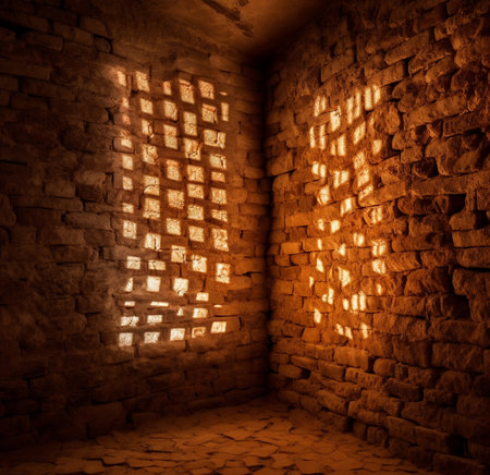 Generative AI : cellar brick wall background texture and with beam of lightの素材