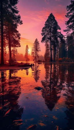 Generative AI : magical sunset at the lake in the woodsの素材