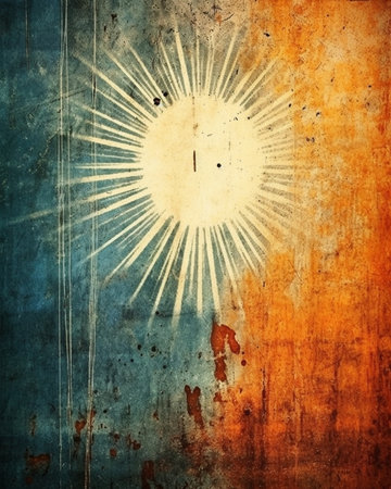 Generative AI : old grunge background with delicate rays abstract canvas texture and blue sky viewの素材