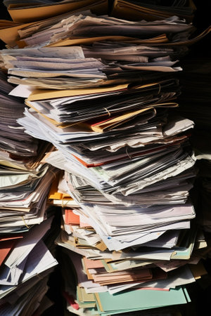 Generative AI : stack of documents or files heap overload of paperwork on black backgroundの素材