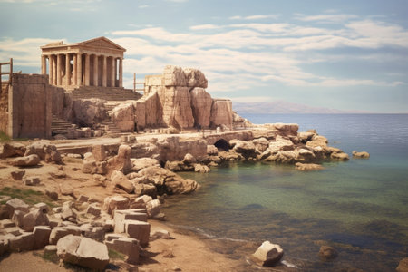 Generative AI : Ancient ruins of Kourion city near Pathos and Limassol Cyprus Lighthouse under the blue sky Travel outdoor backgroundの素材