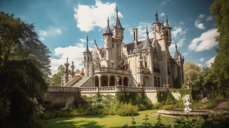 Generative AI : Famous Czech castle Hluboka nad Vltavou medieval building with beautiful park travel outdoor european backgroundの素材