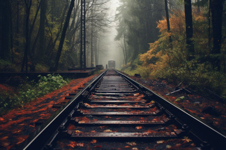 Generative AI : Tram rails in the autumn forest vintage hipster background Travel freedom and hope conceptの素材