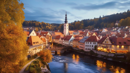 Generative AI : Cesky Krumlov a famous czech historical beautiful town view to the city river and beautiful autumn street with colorful buildings and fall trees Travel european bacの素材