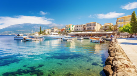 Generative AI : Coastal village of Petrcane in Dalmatia Croatia with blue sea water and yachts travel destination touristic backgroundの素材