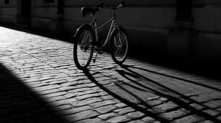 Generative AI : Retro bicycle on the street with a shadow double exposure sepia stylish conceptual imageの素材
