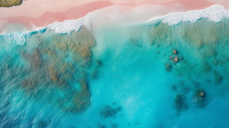 Generative AI : Beautiful caribbean beach in Dominican Republic Aerial abstract view of tropical idyllic summer landscape with clear transparent blue sea water and wooden red pierの素材