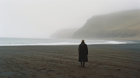 Generative AI : Famous black sand beach Vik in Iceland Person in red raincoat running by the sea shore in the fogの素材