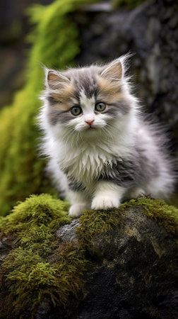 Generative AI : Cute little grey and white fluffy kitten on the green backgroundの素材