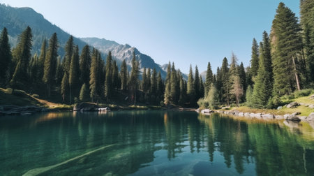 Generative AI : Mountain beautiful wild lake with clear water cloudy sky and green fir forest Vintage hipster backgroundの素材
